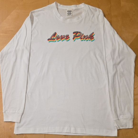 PINK Victoria's Secret White Long Sleeve Tee with Rainbow Logo. Size S - Picture 1 of 5
